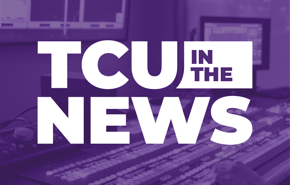 TCU in the News in white letters, with a purple transparent background that has computer screens and a soundboard.
