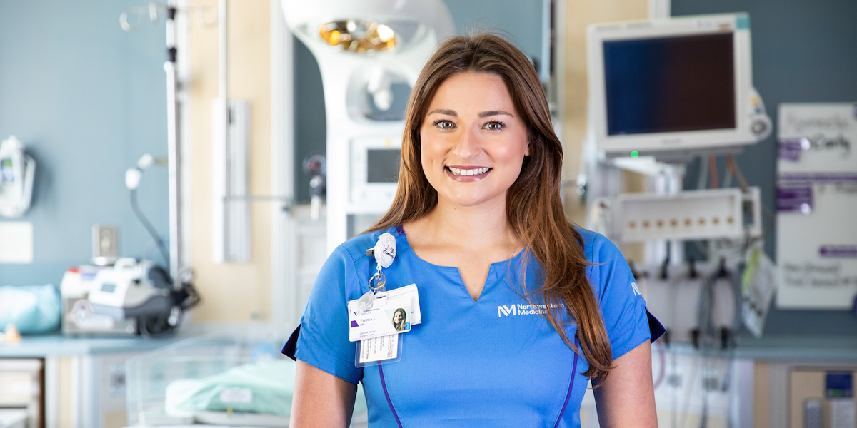 Emma Joy, nurse, posing at Northwestern Memorial Hospital room