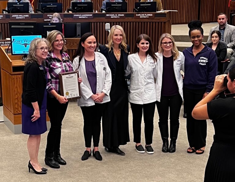 Left to right: Associate Dean for Nursing & Nurse Anesthesia Suzy Lockwood, Ph.D; Director of Graduate Nursing Kimberly Posey, Ph.D., active military member and TCU Nursing student Hope Whitsitt, Mayor of Fort Worth Mattie Parker, and other TCU Nursing students attend the proclamation ceremony at City Hall on Nov. 14 in support of Nurse Practitioner Week.