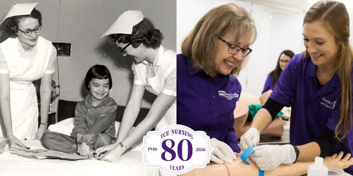 Photo from Harris College Nursing from the 1950s on the left, and 2020 on the right